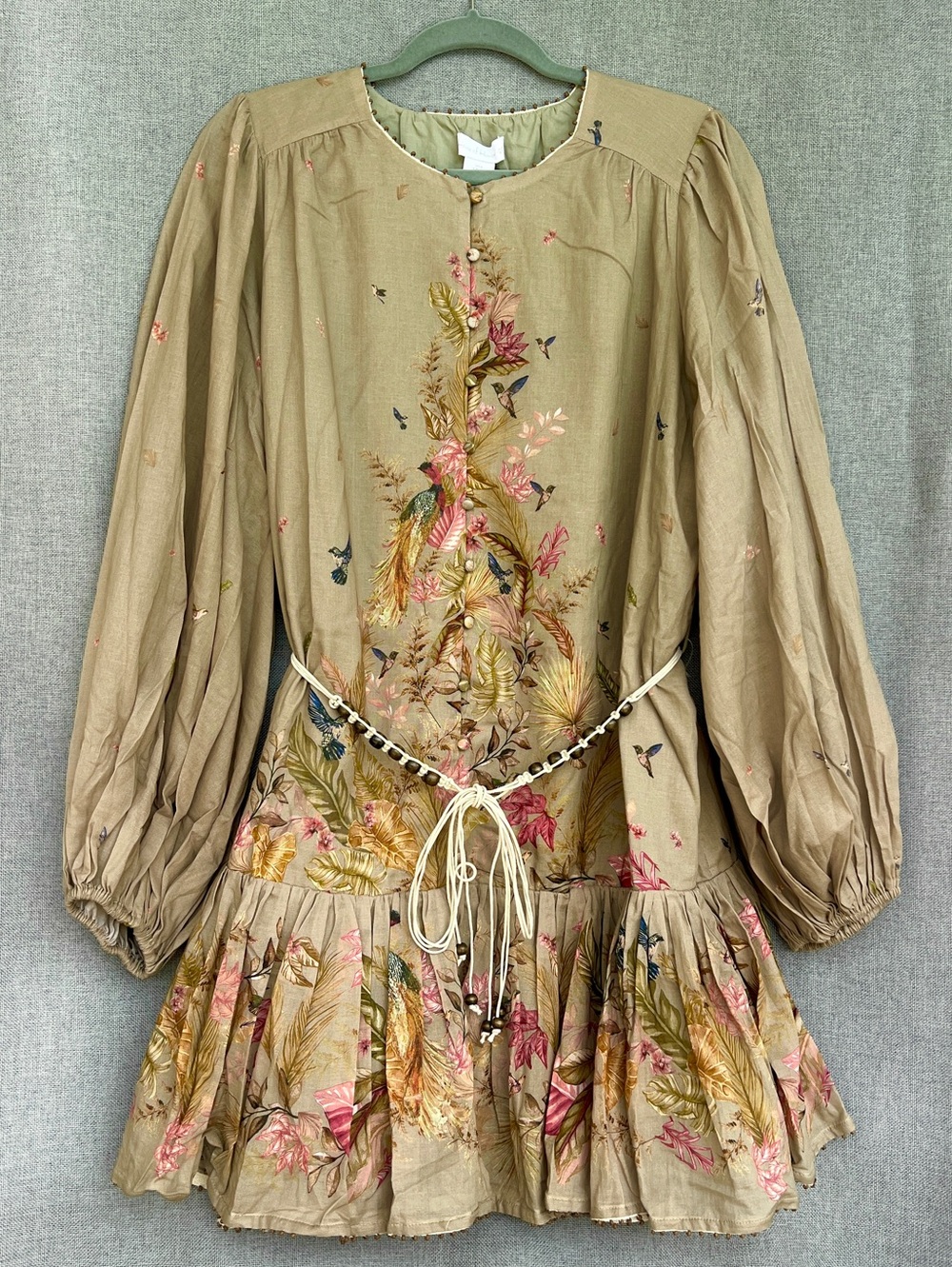 House of Harlow 1960 long wide sleeve floral birds belted mini dress size S